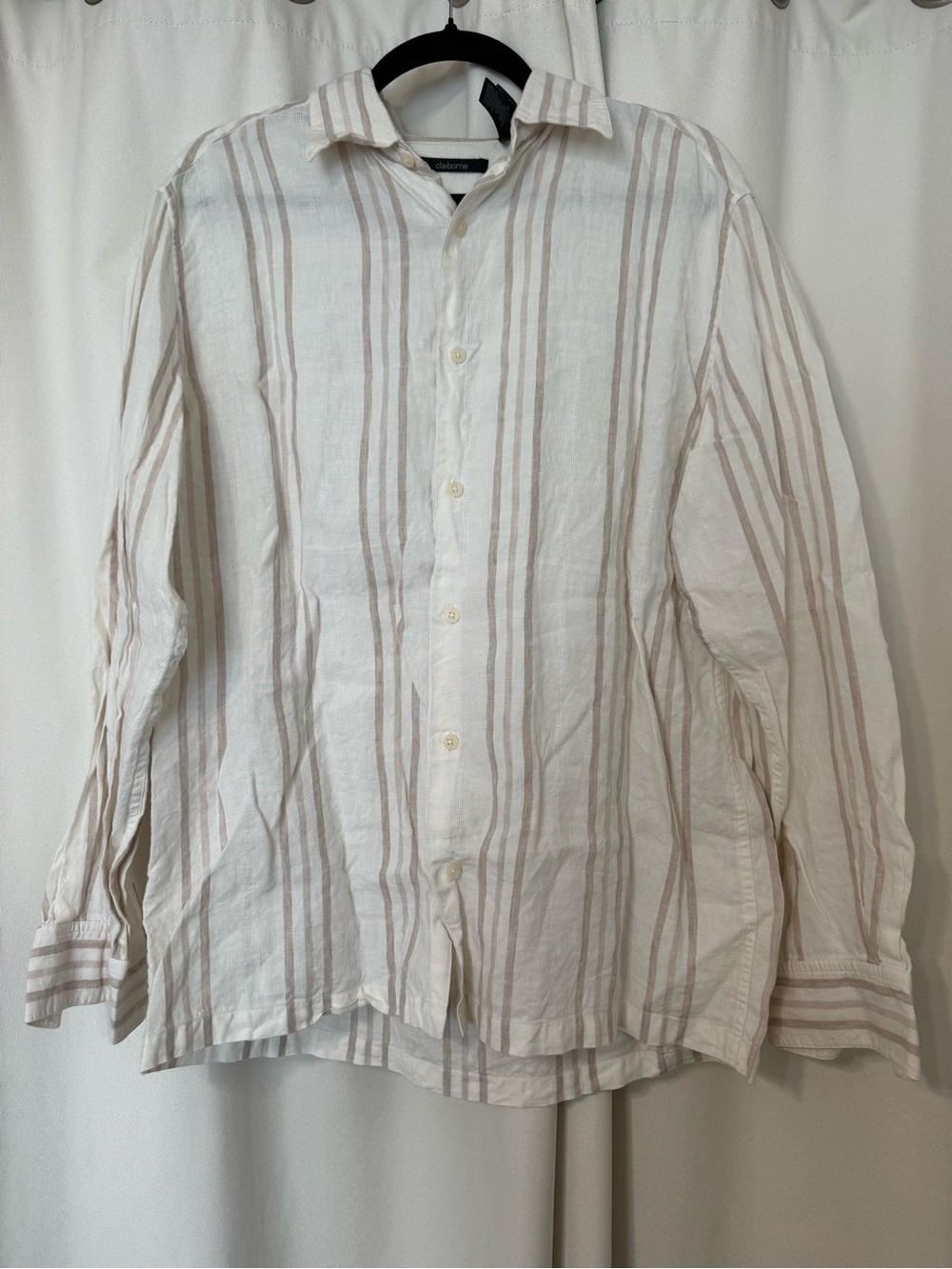 Claiborne’s Men’s Cream Tan Linen Striped Long Sleeve Button Down Shirt Size L